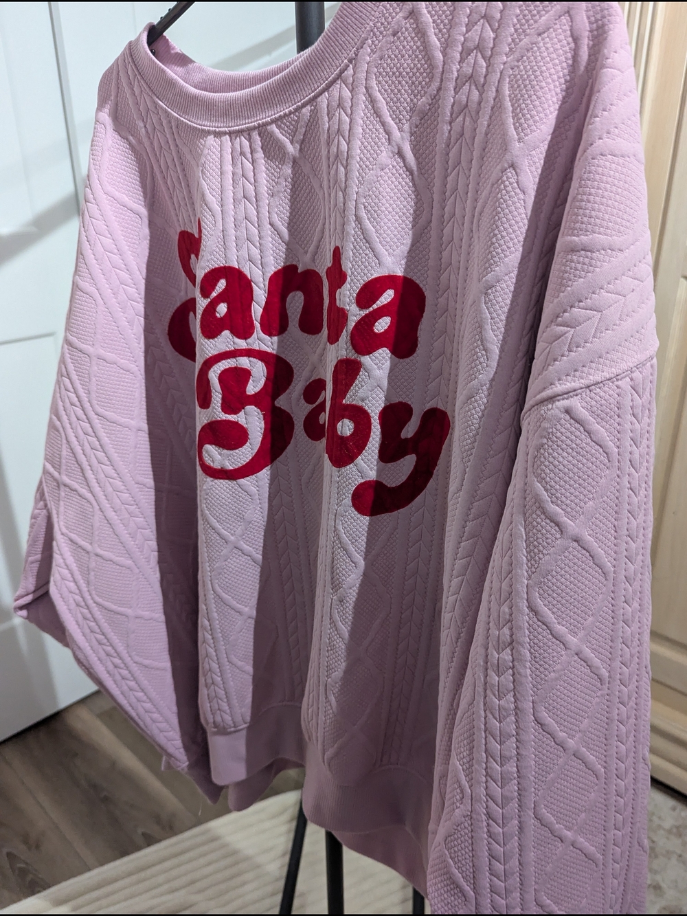Grayson Threads Pink Cable-Knit Sweatshirt with Red 'Santa Baby' Graphic